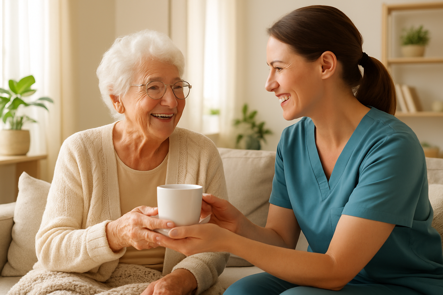 Aidant souriant offrant une tasse à une senior joyeuse à domicile à Valence
